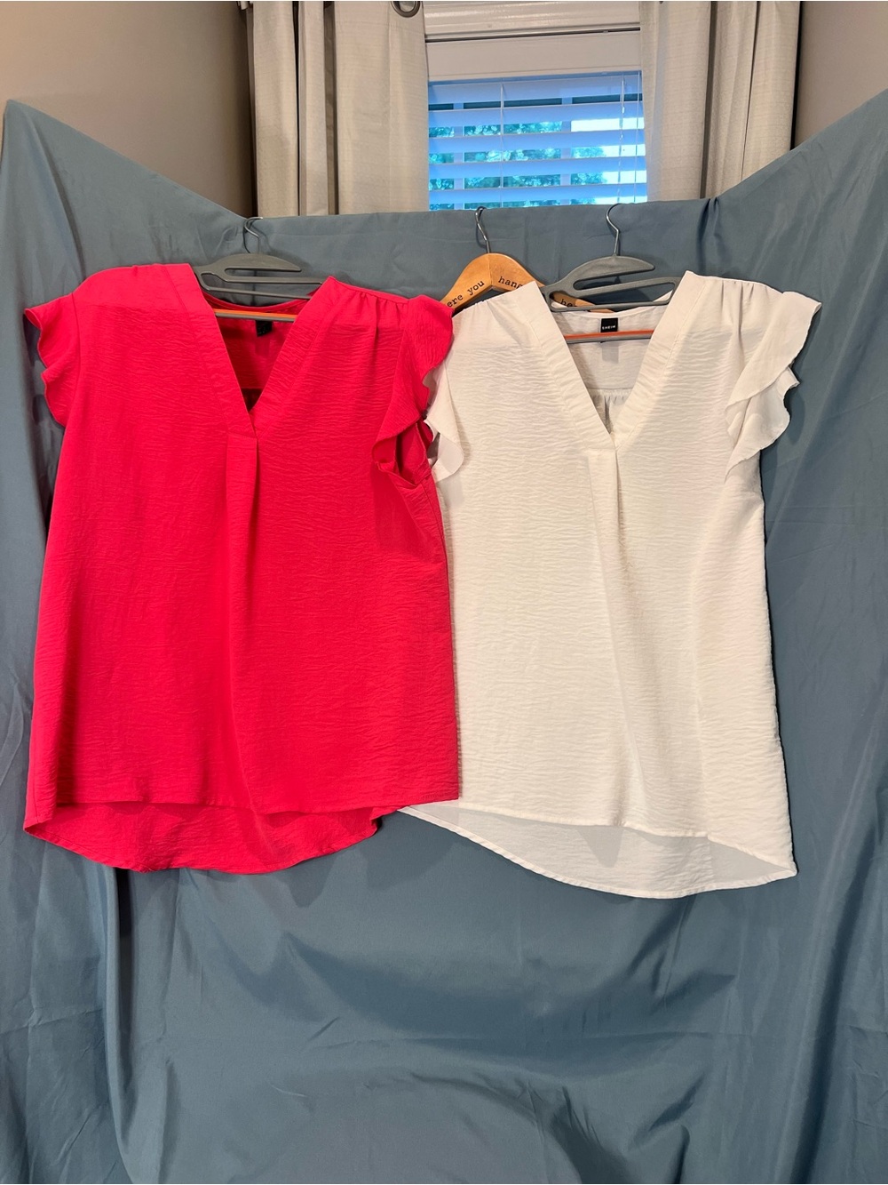 SHEIN V-Neck Flutter Sleeve Blouse in White and Hot Pink
